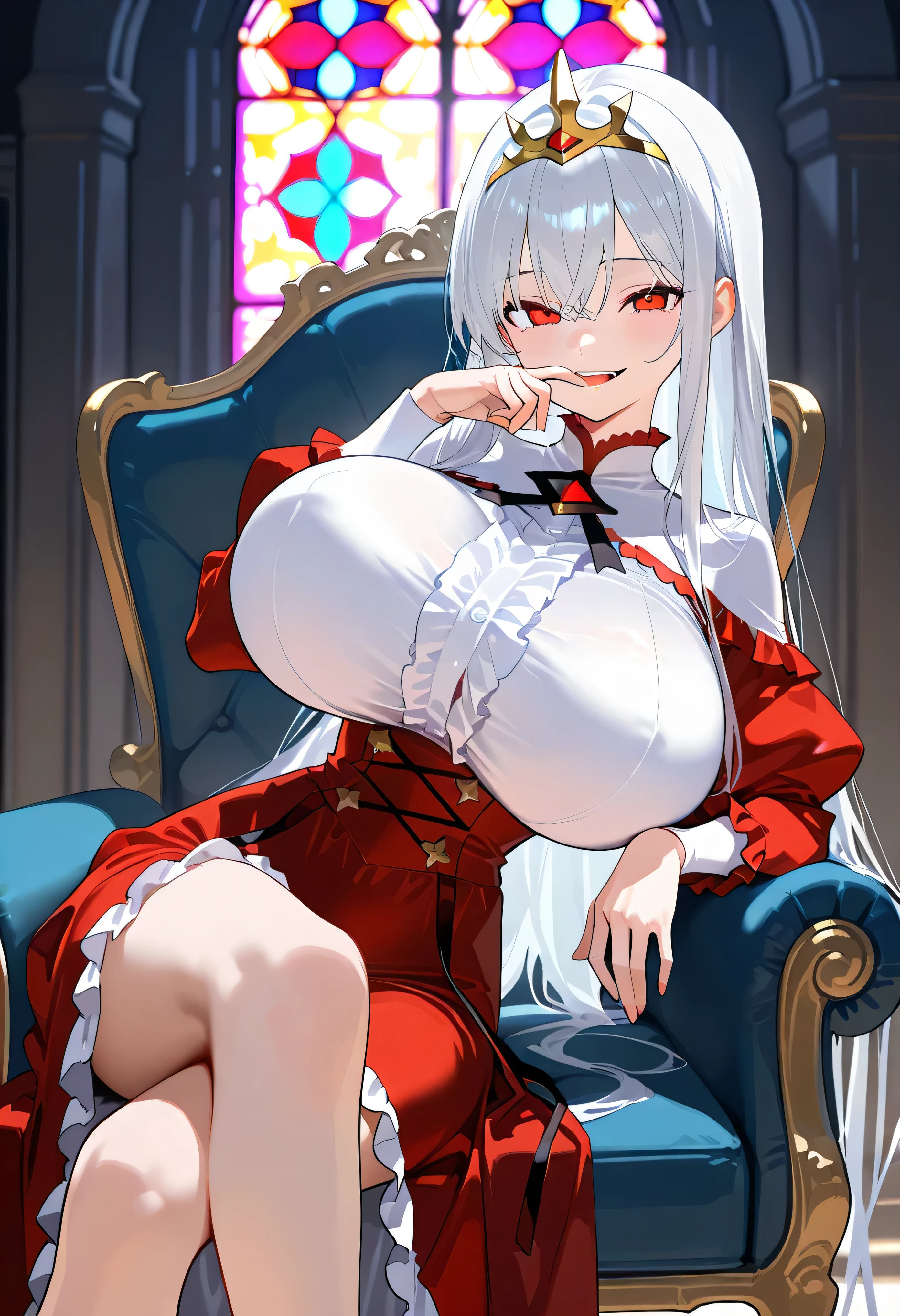 (Fidelity: 1.4), incredible, work of art, ((female, big boobies,cute thighs)), Scrawny, muscular, sharp ears, light gray skin, long and curly gray hair, Eyes red, ssmile, minder, do not disturb, Recite a book,sitting on a chair,reading the book,black stocking