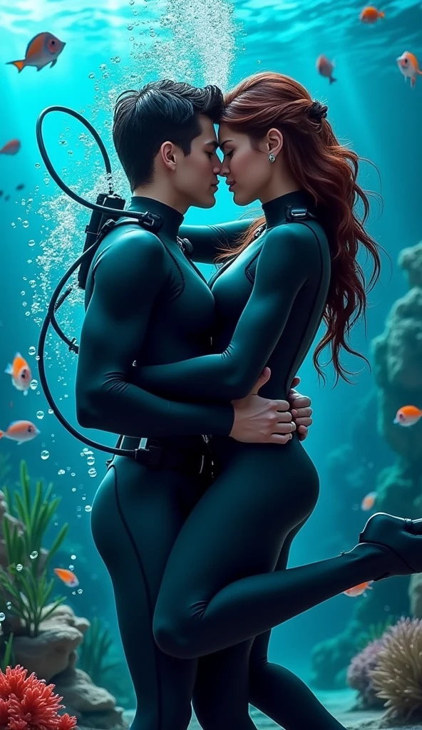 Photo sous-marine, Un couple qui s'embrassent sous l'eau, french kiss, masterpiece, best quality, amazing quality, very aesthetic, sublime, depth of field, Low angle, 8k, score_9, score_8, score_7, score_6,femme sublime, Muscle man