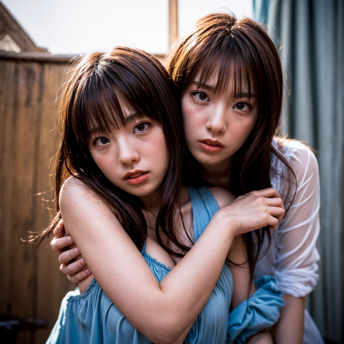 (((One girl,alone))),(Highly realistic photos, High resolution, Detailed face, Beautiful Eyes) Japanese women, 21 years old, Cute face, alone:1, Nice body, Plump figure, Medium chest, Narrow waist, Various Hair Styles, Very closely tied, Take a photo book,Thighs、Dark Sky、darkness、Blade Runner,shirt、walk