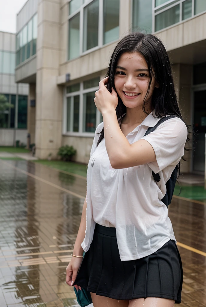 One Super Beautiful Girl。Beautiful light brown shiny medium hair and clear blue eyes。elegant, cute and gentle smile。the white shirt is mine'When you wear it, it gets a little wet from the rain and becomes transparent..。Waiting for the bus at the bus stop in the rain