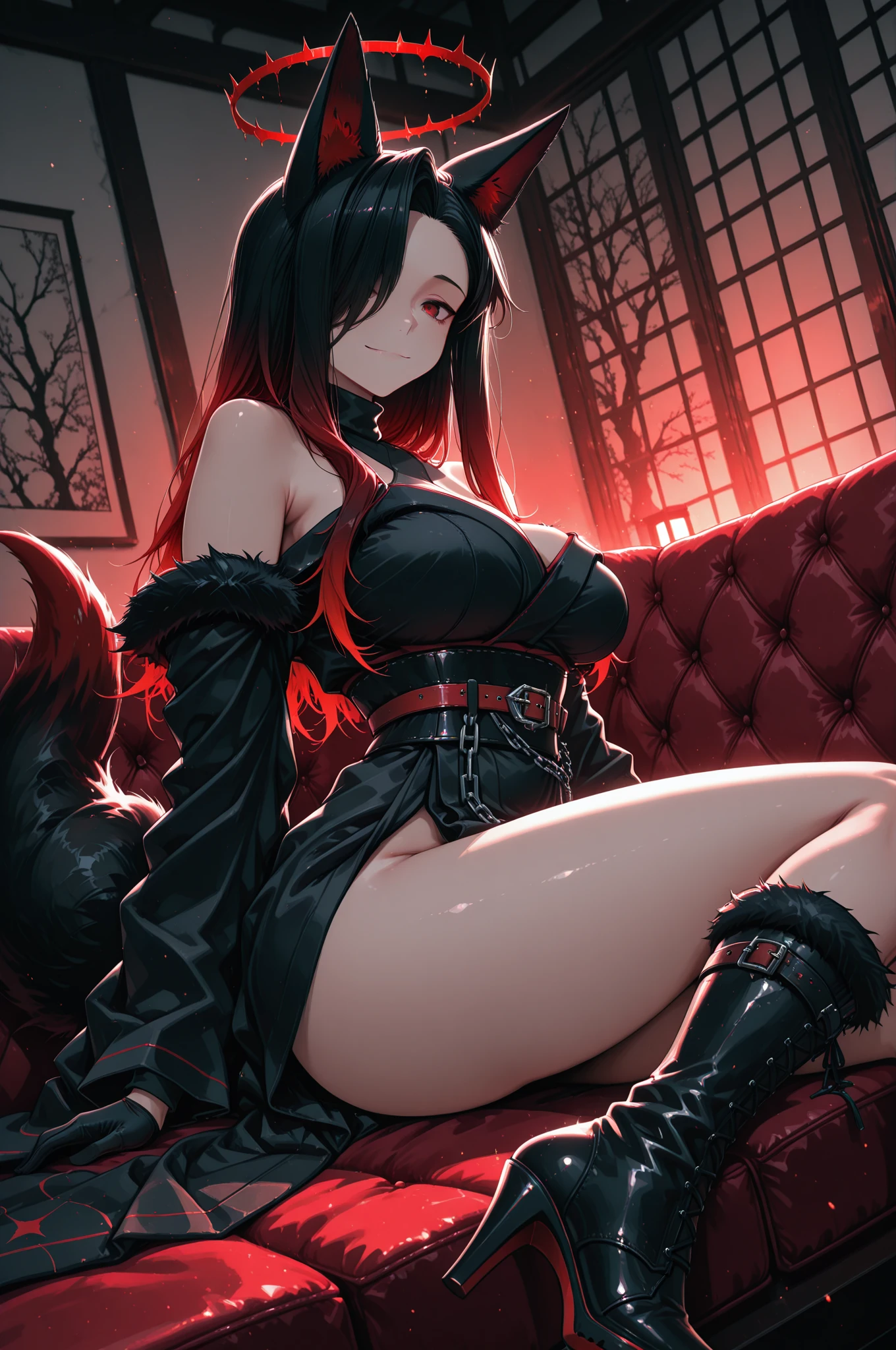 Ajof, side locks, golden hairband, hair adornments, ((Red eyes:1.5)), gold earring, Large breasts,((black hair:1.5)),
BREAK ((black cape, black footwear, black ribbon, black shirt, black thighhighs, cape, grey skirt, hood:1.5)),
BREAK bdsm, (bondage:1.2), (bound_legs:1.2), interracial, navel, nipples, testicles, pussy, (sex:1.2), vaginal, arms behind,
BREAK (masterpiece:1.2), best quality, high resolution, unity 8k wallpaper, (illustration:0.8), (beautiful detailed eyes:1.6), extremely detailed face, perfect lighting, extremely detailed CG, (perfect hands, perfect anatomy),