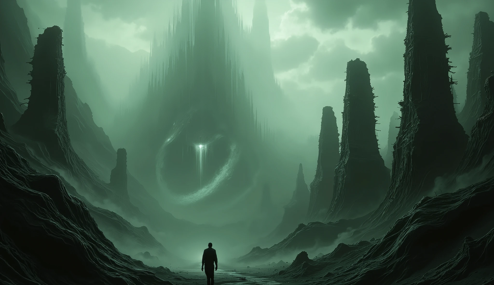 Apocalyptic City, dystopia, nothing is well, madness, H.P Lovecraft, dark background with caustics, fog, smoke, 4k