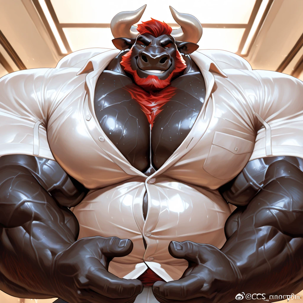 (cute, Obese, male, anthro) bull made of transparent glass, luminiscent red eyes, (red tank top, red briefs), fat pad, belly overhang, thick thighs, glowing within