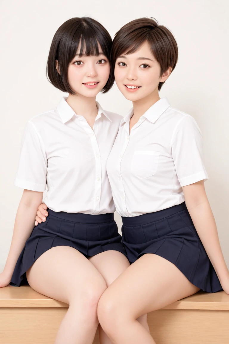 Two girls standing at ear window in school classroom,12 years old,bangs,A sloppy smile,Thighs,knees,break,Short hair with low pigtails,from before,Front light,((She is wearing only a sexy white apron, She lifts her skirt to show her white panties、slender、Slender and extremely thin、Sexy clavicle、Flat chest、Very small breasts))