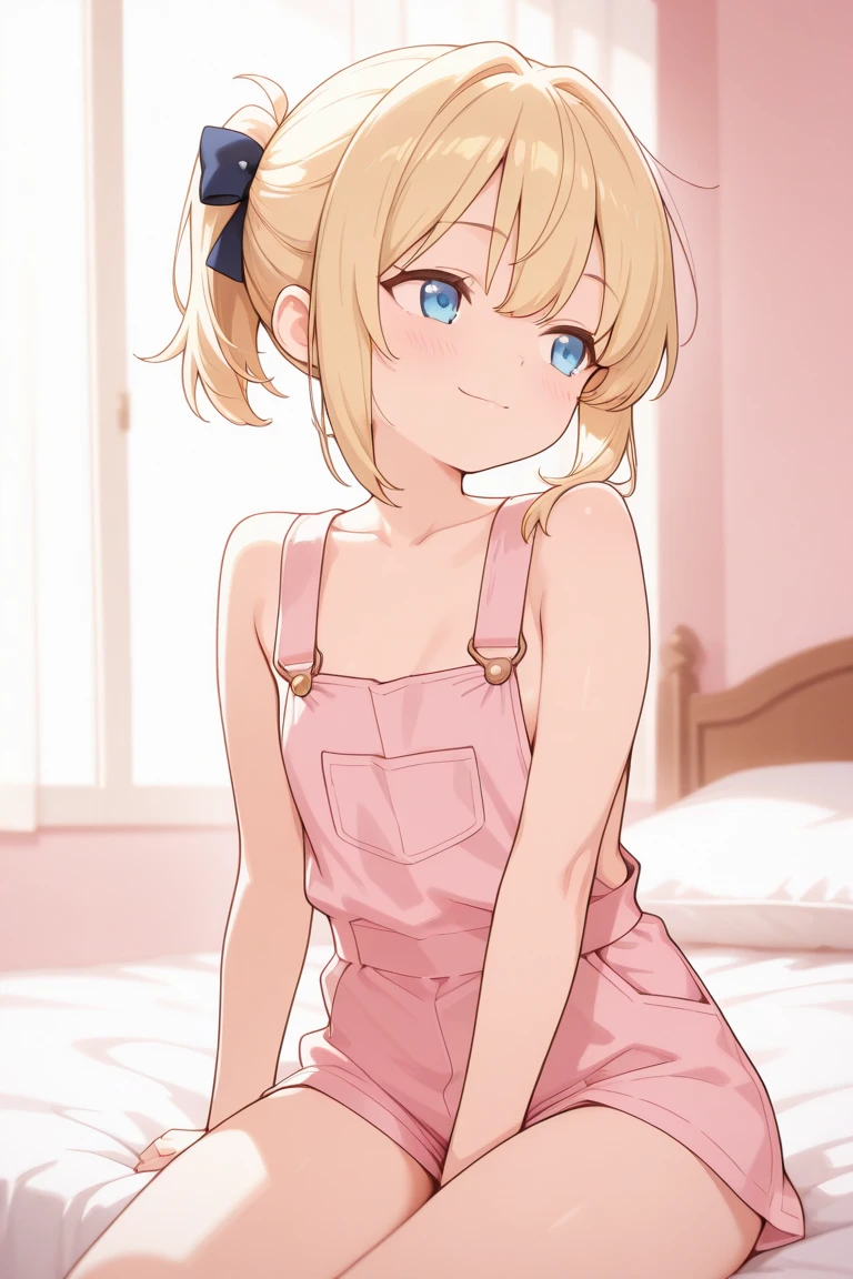 masterpiece, (Off-the-shoulder clothing:1.5)、 super fine illustration, best quality, light particles, ultra-detailed, 8K wallpaper, (bright colors:1.2), solo, ((a little girl)), big breasts, (blonde hair), disheveled hair, short hair, twintail, two side up hair, scrunchie, curly hair, shiny hair, shiny skin, (wearing pale pink and white horizontal striped dress, short sleeve), (frilled miniskirt), (white legwear), ((horizontal striped panty)), (beautiful green eyes, shiny eyes, big eyes), affectionate smile, seductive smile, closed mouth, blush cheeks, (naughty room), (pink bed), (pink pillows), (pink curtain), looking back, get down all fours, nsfw, sunlight, shadow,