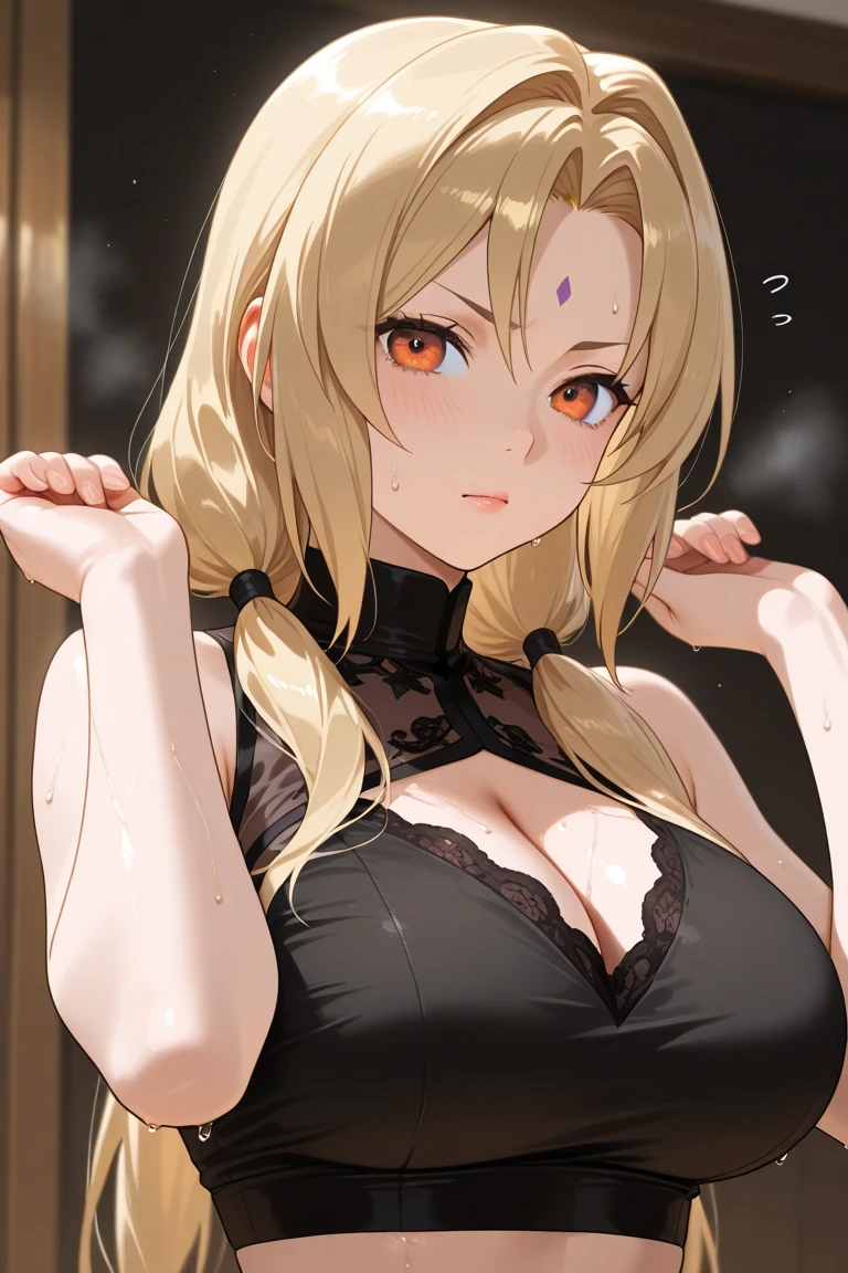 kelolinde,1girl,jewelry,breasts,skirt,solo,shirt,pencil skirt,black skirt,bra,cleavage,pantyhose,necklace,looking at viewer,holding,black bra,long hair, light yellow hair,red color eyes,detail face,detail hair,detail eyes,unfriendly face,