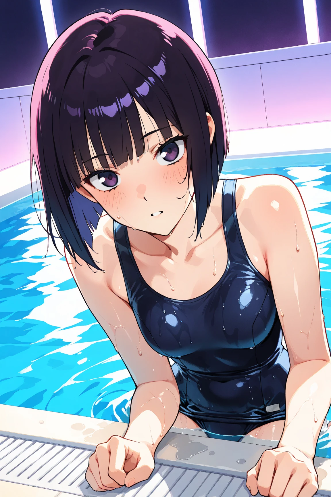 (8K、Highest image quality、highest quality、masterpiece)、detailed face、((  alone))、black hair、short hair、twin buns、blunt bangs、pink eyes、evil smile、((grin))、small breasts、((Navy blue school swimsuit))、girl in bathtub、Bathroom background
