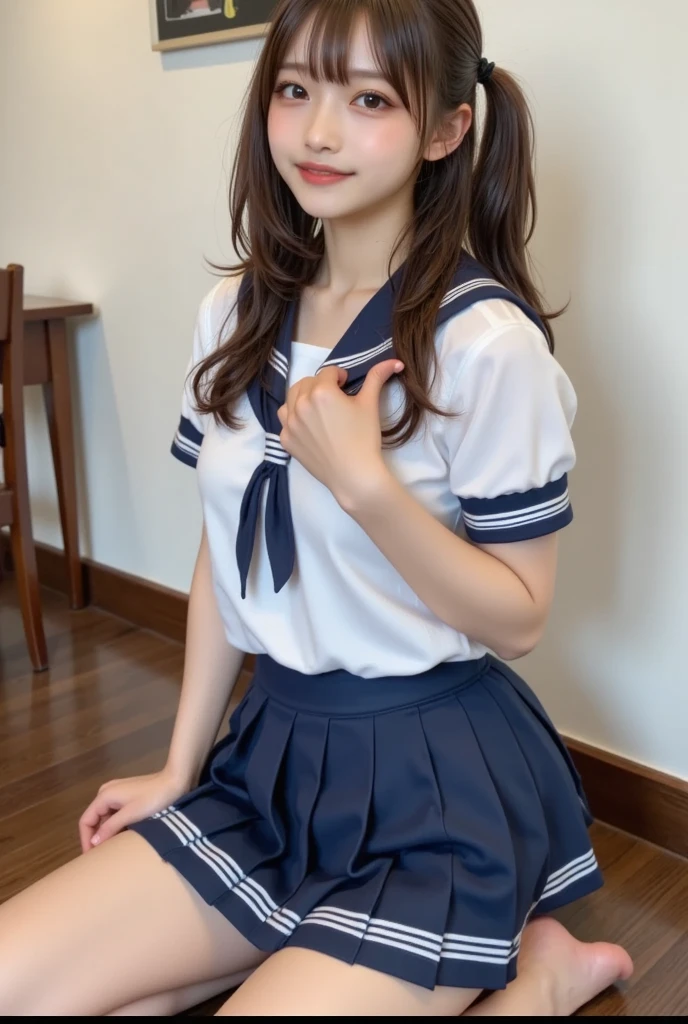 ((highest quality、8k、masterpiece:1.3)),((((cowboy shot)))),Ultra-high resolution,big eyes,Japanese,bangs,(a girl),(1 girl),((20 years old)),((facing at viewer)),(long hair),(((black sailor uniform))),grin,((sitting on chair)),(pleated mini skirt),(((pussy))),((pubic hair)),((skirt lift)),((short crew socks))