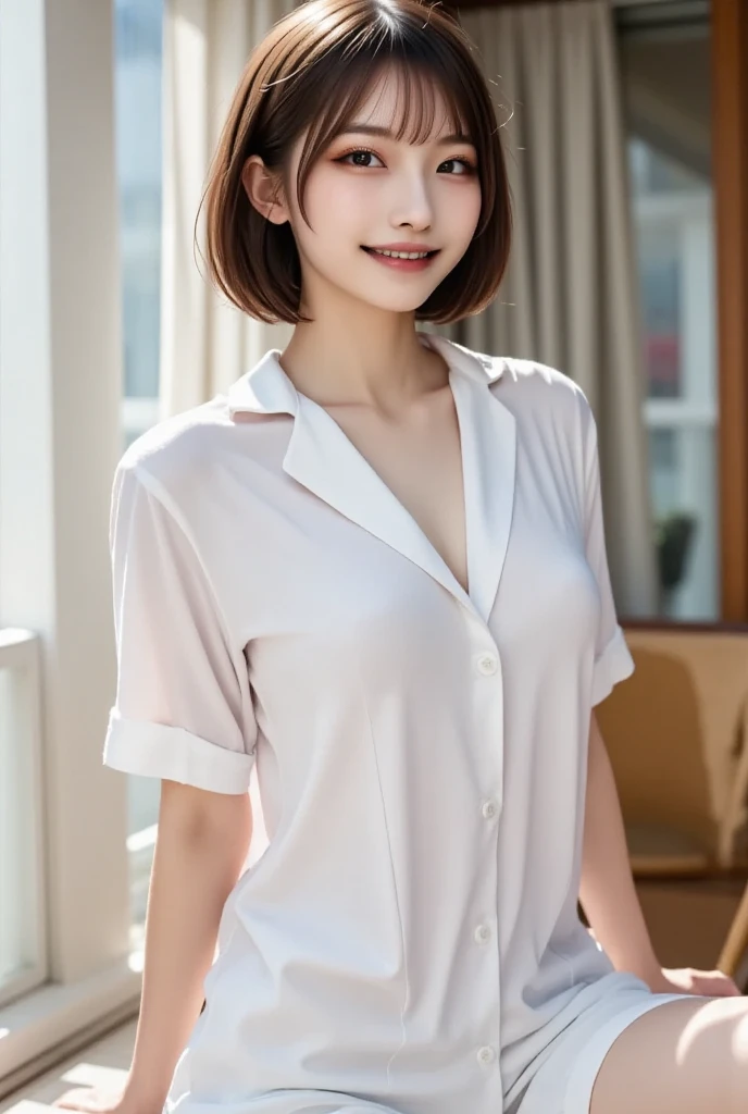 small head,  (perfect bodies: 1.1), (shoulder length straight short hair:0.9), （极其细致的CG 8k壁纸），（Extremely refined and beautiful），（masterpiece），（best qualtiy：1.0），（超高分辨率：1.0），(upper body:1.3)，[A high resolution]，cheerfulness，Smile,(Smooth and flawless fair skin:1.5),(shiny skin:1.5),ultra - detailed,Elongated legs,(Small breasts:1.1),Flat chest,Slim，emaciated,(white silk pajama shirt andpants:1.5),(round hips:1.3),(sharply hips:1.5),In kitchen,blue green backgroundstanding,(from front:1.3),(Close shot:1.3),nightfall，warm light,Several dishes on table,standing,(cowboy shot:1.3),(Portrait photo:1.3)