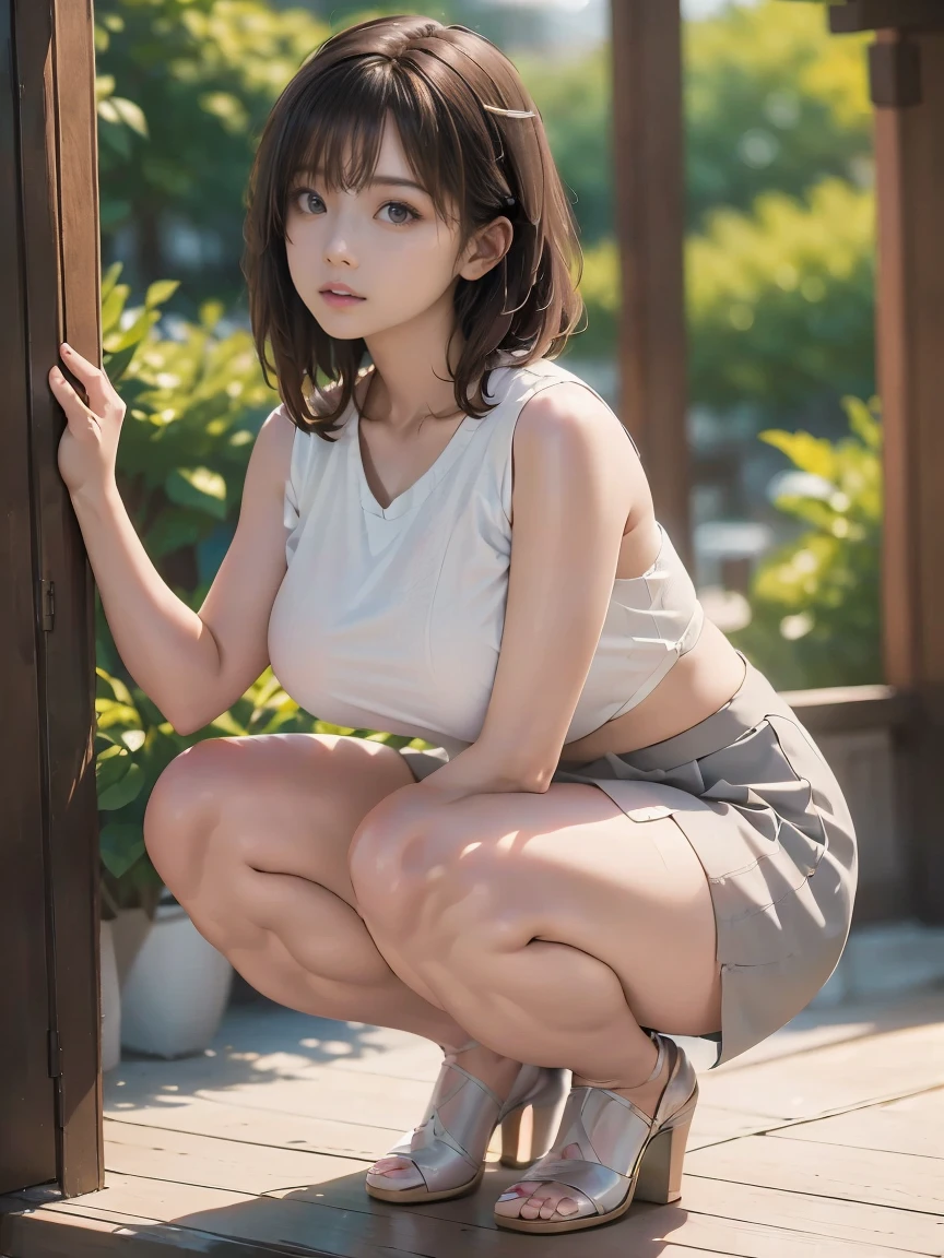 Height 158cm、Weight 65kg、White Skin Skin、hposing Gravure Idol、One girl ordered to  solo、Touching and feeling the pubic area with solo masturbation、In nature、A masterpice、Best quality、Realstic 、Realstic 、A little fat、(One of the people in the photo:1.3)、(独奏:1.3)、full body pictures、thick thighs、Face of embarrassment and crying while looking down、Red cheeks、Shame、short shoulder-length hair、Dark black hair、HugeBoobs、Show cleavage、Wearing a loose white T-shirt、Wearing a white T-back、Very much hair in the pubic area、Clear Day