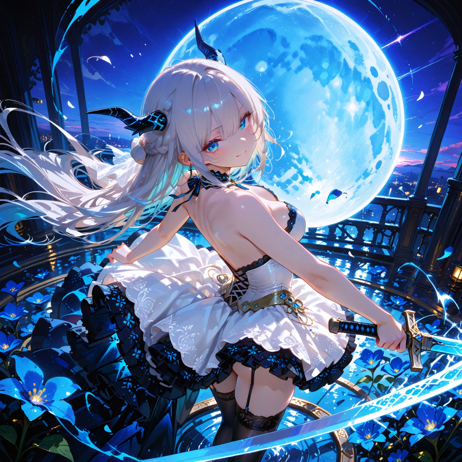 (best qualtiy,8K,Beautiful wallpapers,detailed back ground,A high resolution,absurderes,full bloom,messy hair,shinny hair,Exposure to light,Bright pupils),1个Giant Breast Girl,Focus on the legs,receiver,long whitr hair,silber hair,Huge breasts,standing on your feet,Behind the arm,Stage,spotlight lights,glass ceilings,Shen He(the original god),Hair_decorations,Hair is more than one eye,designer dress,dutchangle_Angle,