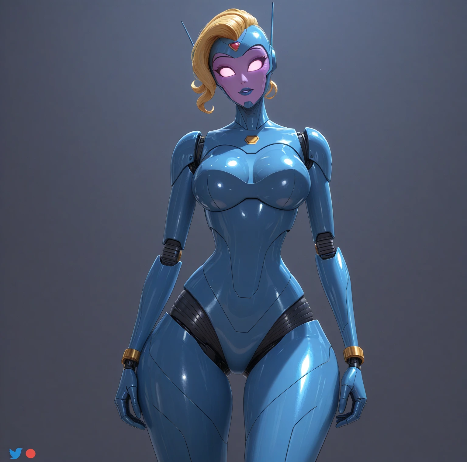 8k ((full body view:1.4)) (large eyes:1.3), defined cheekbones, 1woman, ((the pit style:1.4))((woman has no face, ((sleek chrome bodysuit:1.6)) (detailed face:1.5), lightblue skin,(puffy lips:1.5) (lightblue skin:1.6), (bald woman:1.7), (skinhead) ((stands confident)),(Muscular:1.3), ((gigantic breasts:1.5)) ((side view:0.6)), )highly detailed, majestic, digital photography, art by artgerm and ruan jia and greg rutkowski, ((metal wings on back)), (masterpiece, sidelighting, intricate details, black and blue color palette