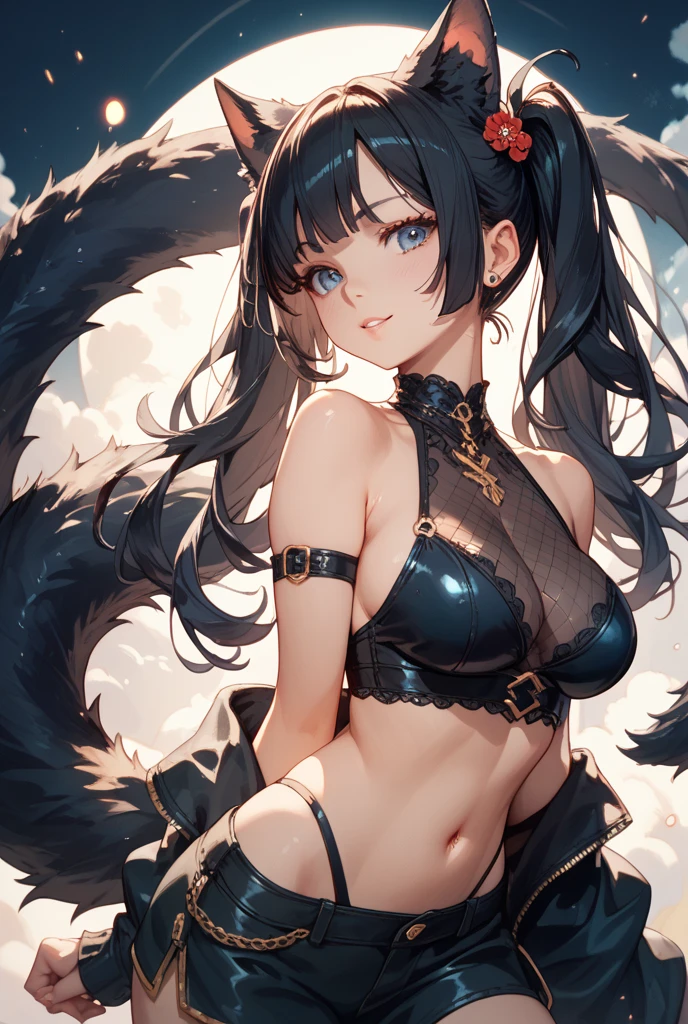 Girl with long black hair, black eyes, elf ears, holding a sycthe, fangs, with 3 pets that are a tiger, wolf and panther, wearing a black and white suit