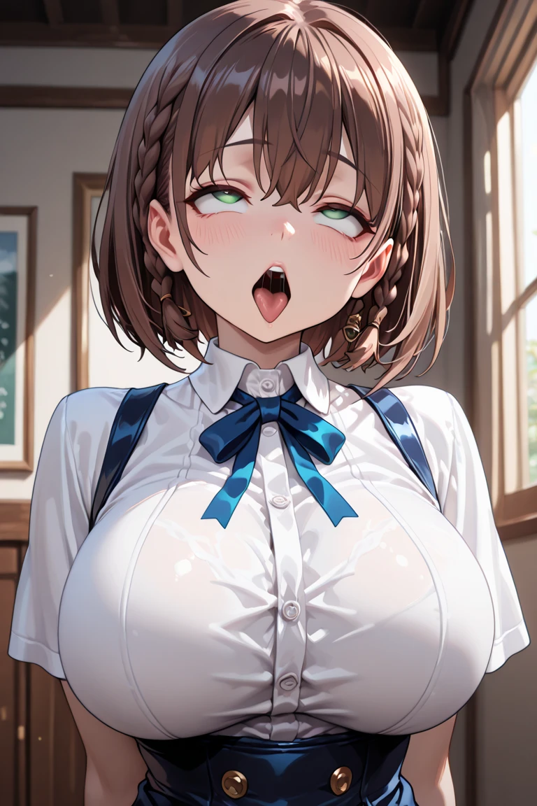 (best quality), (Super detailed), (Best Illustration), (masterpiece), score_9, score_8_up, score_7_up, 4k, (nsfw), high contrast, (1woman), (Ahegao:1.2), look at viewer, (flower pattern shirt), (Big Breasts:1.2), {brown hair, (bob cut:1.2), curly hair, hairs between eyes}, {(detailed eyes), heart-shaped pupils, blue eyes}, sweat, steam, girl trembling with sexual climax,earrings, white hairband