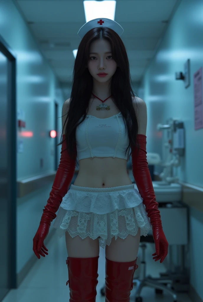 1 girl, solo, long hair, medium breasts, (split-color hair, black hair, pink hair:1.3), blue eyes, smile, standing, dynamic pose, 8k, masterpiece, best quality, absurdres, perfect anatomy, cinematic lighting, cowboy shot, (nurse uniform:1.1), (hospital, surgery room:1.1)
