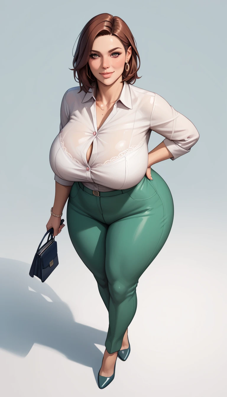 Ultra realistic photography of a thick woman, she is 5 meters tall, is wearing a flared pants and blouse