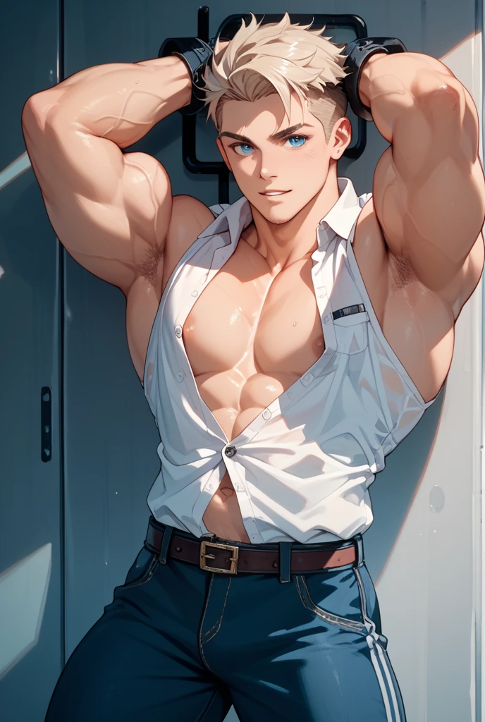 (masterpiece), best quality, expressive eyes, perfect face, 1 boy, , Muscle Man, Bodybuilder,Have a tattoo, Soaked white T-shirt, trousers, Suspenders, Firemen装备, <Lola:clothing_-_Sexy_Firemen_full outfit:0.7,