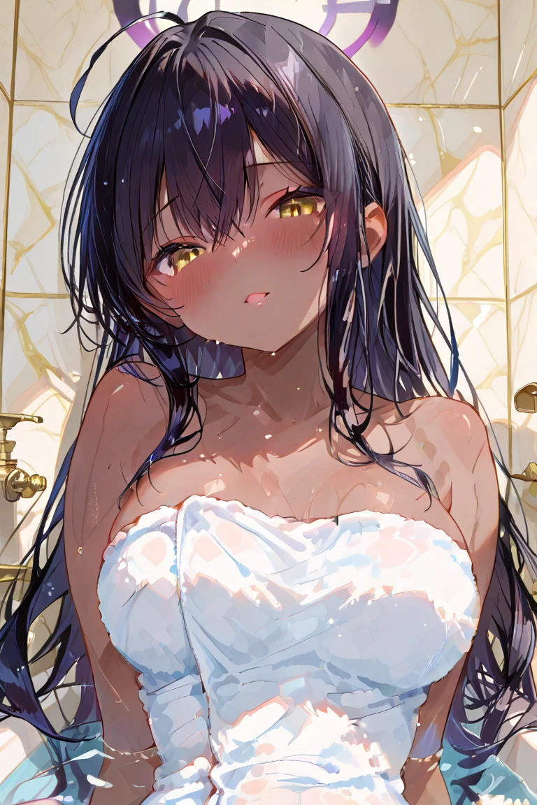 top-quality、Top image quality、masterpiece、girl with((cute little、18year old、Best Bust、Medium bust、Bust 85,Beautiful blue eyes、Breasts wide open,Long Black Hair、A slender、Middle knot、Reflecting the whole body、Sweating、whole body Dripping wet、bathing、fullnude、embarassed face、Ashamed))hiquality、Beautiful Art、Background with((bathroom)),masutepiece、Elaborate design、visualart、depth of fields、The best lighting、highestdetailed、8k,Super delicate