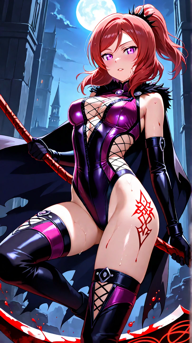 Perfect eyes:1.2, detailed eyes:1.4, realistic:1.4, shaded face, Red hair, hair over shoulder, robe, e.g, fringe, tentacles, Argyll, checkered, neckline in clothes, Striped Thighhighs, black and red vertical striped knee socks, draw up, pomade, hood, split, Sitting, 1 girl, One, (masterpiece:1.6, Best quality),