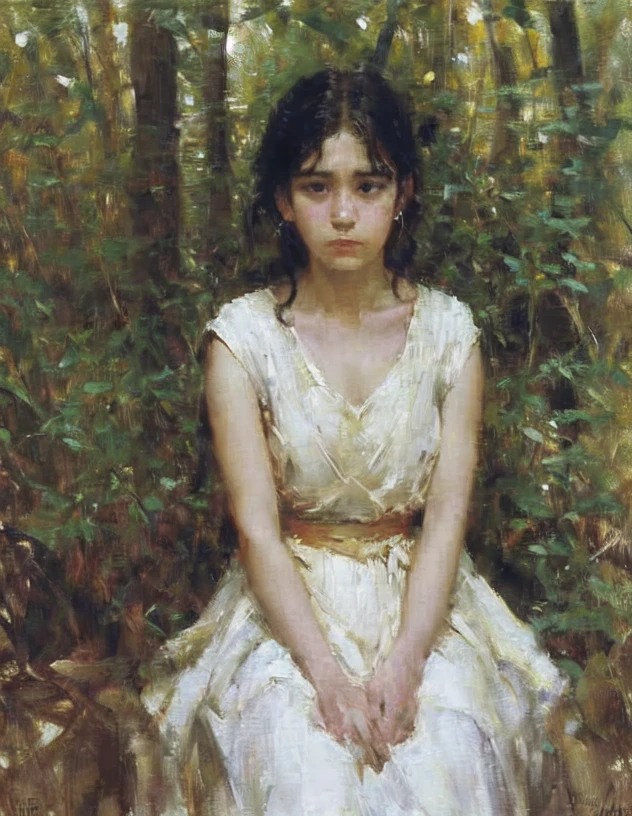old painting of a sad 5 year old girl with her head lying on a stone bench, behind her there is a bush of white roses.