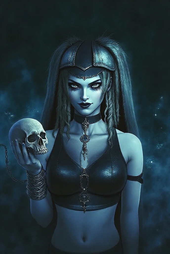 Enhance skull in background, add a mesmerizing ring to the skull planet, amplify the majestic mountains in the background.
