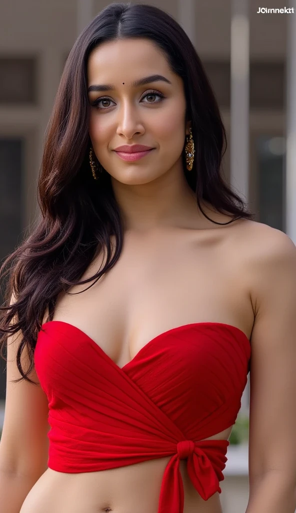 Aishwarya rai as corporate lady, red satin suit without shirt, high heels, curvy, massive cleavage, no shirt, unbuttoned suit, open hair, posing in balcony, day scene, breasts visible show, breasts popping out, hourglass figure, massive breasts, nipple slip, fit, seductive face, look at camera and smile, erotic adult face, 40 yo, soft volumetric lights, intricate details, (ArtStation:1.2)