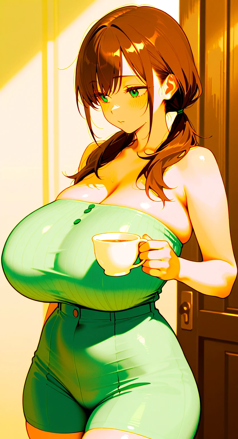 In the woods, camping, hiking, campfire, cold, shed, outside, drinking hot tea, hot tea, dawn ,1woman, very curvy, huge breasts, massive ass, mature, smiling, long brown straight hair, green eyes, sexy , slit on the left side, dark brown skin, pretty face, seductive, slutty, gigantic breasts!!!!, top heavy, overweight, chubby, ginormous breasts!!!!, expanding breasts, out of proportion breasts, worlds biggest breasts in the world, big wide hips, big ass, big juicy ass, braless!!!, no bra, no bra, no shirt, , naked, no shirt, no clothing, huge areola, absurd size breasts, seductive, High quality , pink areola , pink nipple, puffy , OPPAI RATIO!!!!, ((((OPPAI)))), colossal breasts!!!!!