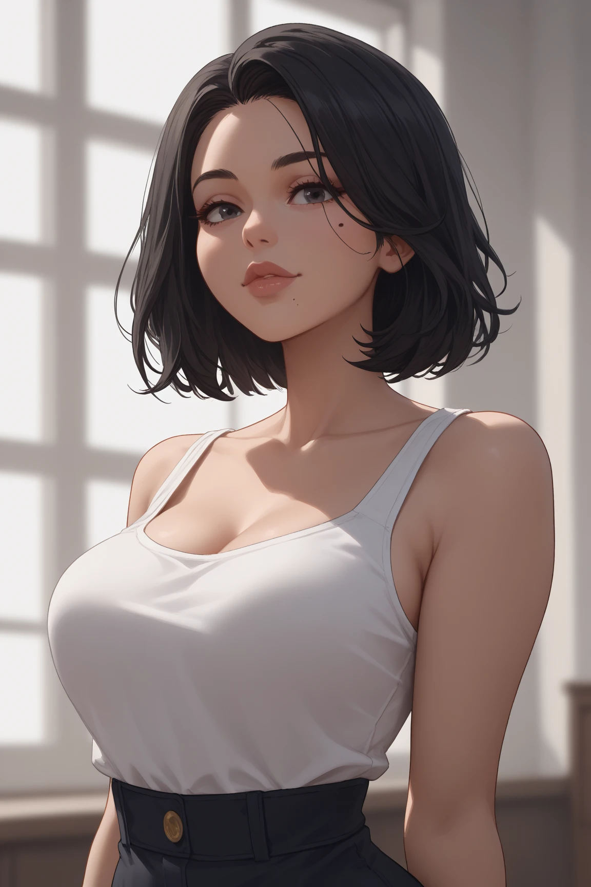 Amazing cowboy shot of a sexy woman wearing her black bob cut hair, seductively gazing and smiling, soft lips, blushing intensely, white tank top, panties , medium chest, perfect body, simple background, Nicole Kidman