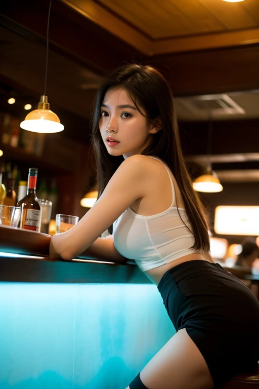((Best quality, 8k, Masterpiece: 1.3, raw photo)), Sharp focus: 1.2, 1 aespa girl, (realistic, photo-realistic:1.37), (face focus: 1.1), cute face, kindness, small breasts, flat chest, short messy hair, sitting, arms up, white summer casual shirt, panties, restaurant, bar, sunlight, cinematic lighting, from below