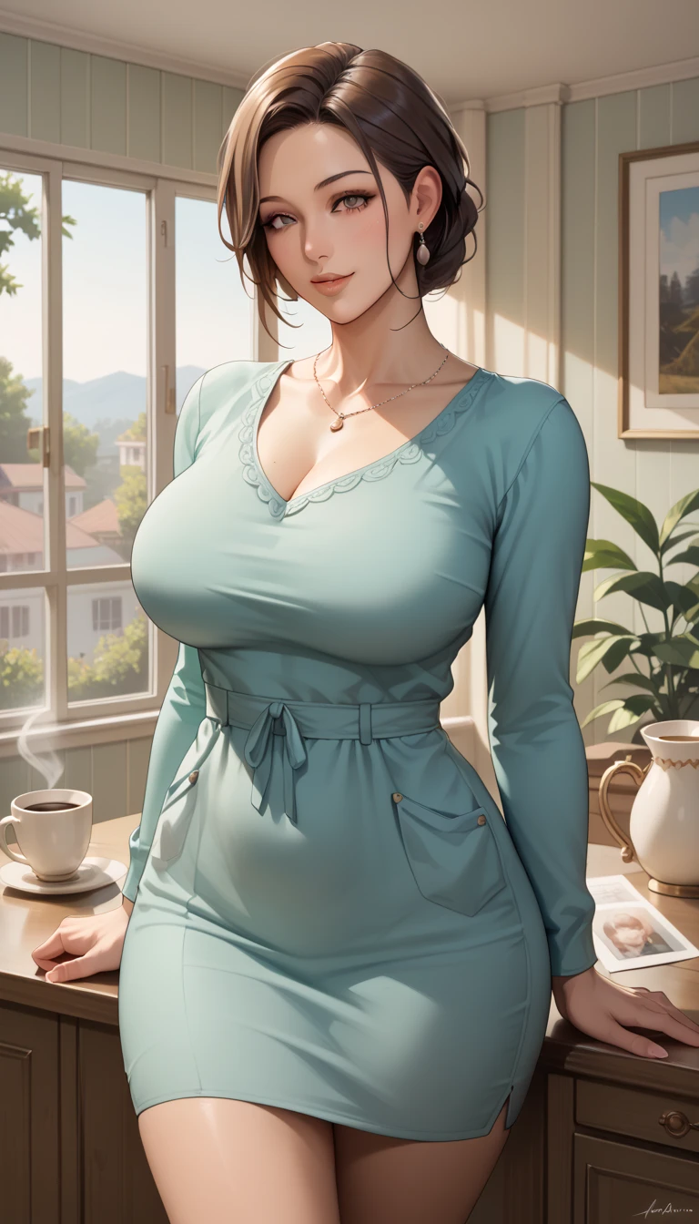 cass open thighs,covered nipples,cleavage,white panties,dark green t-shirt,cafe,