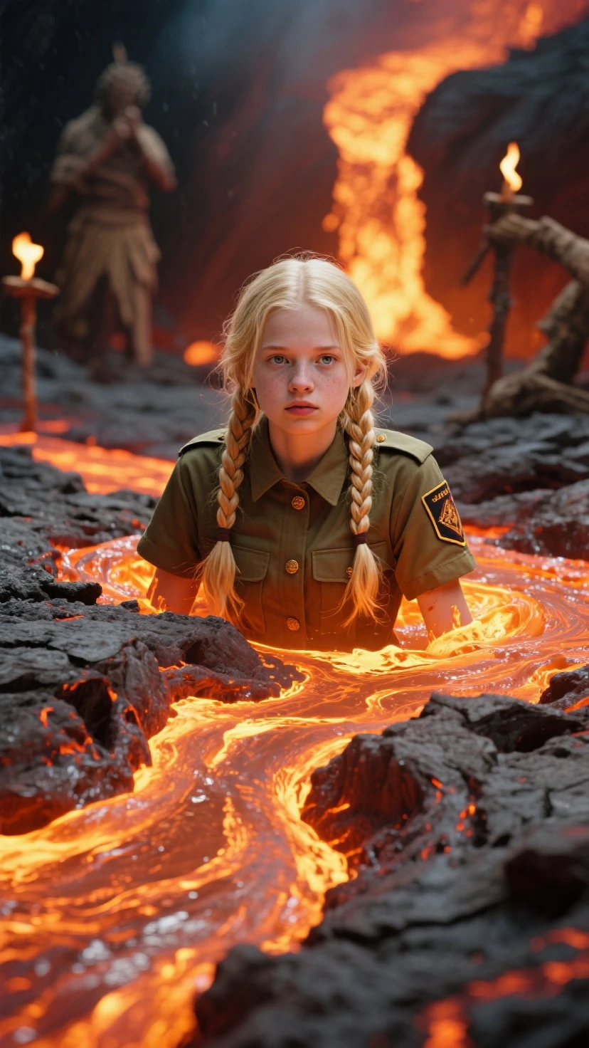 Melhor qualidade, obra-prima, ultra alto nada, fotorrealista, foto crua, Girl child 10 years old, Russian blonde in braids, com roupa de jaqueta de couro vermelha, Estilo retrato, flames are glowing GREEN. --auto --s2