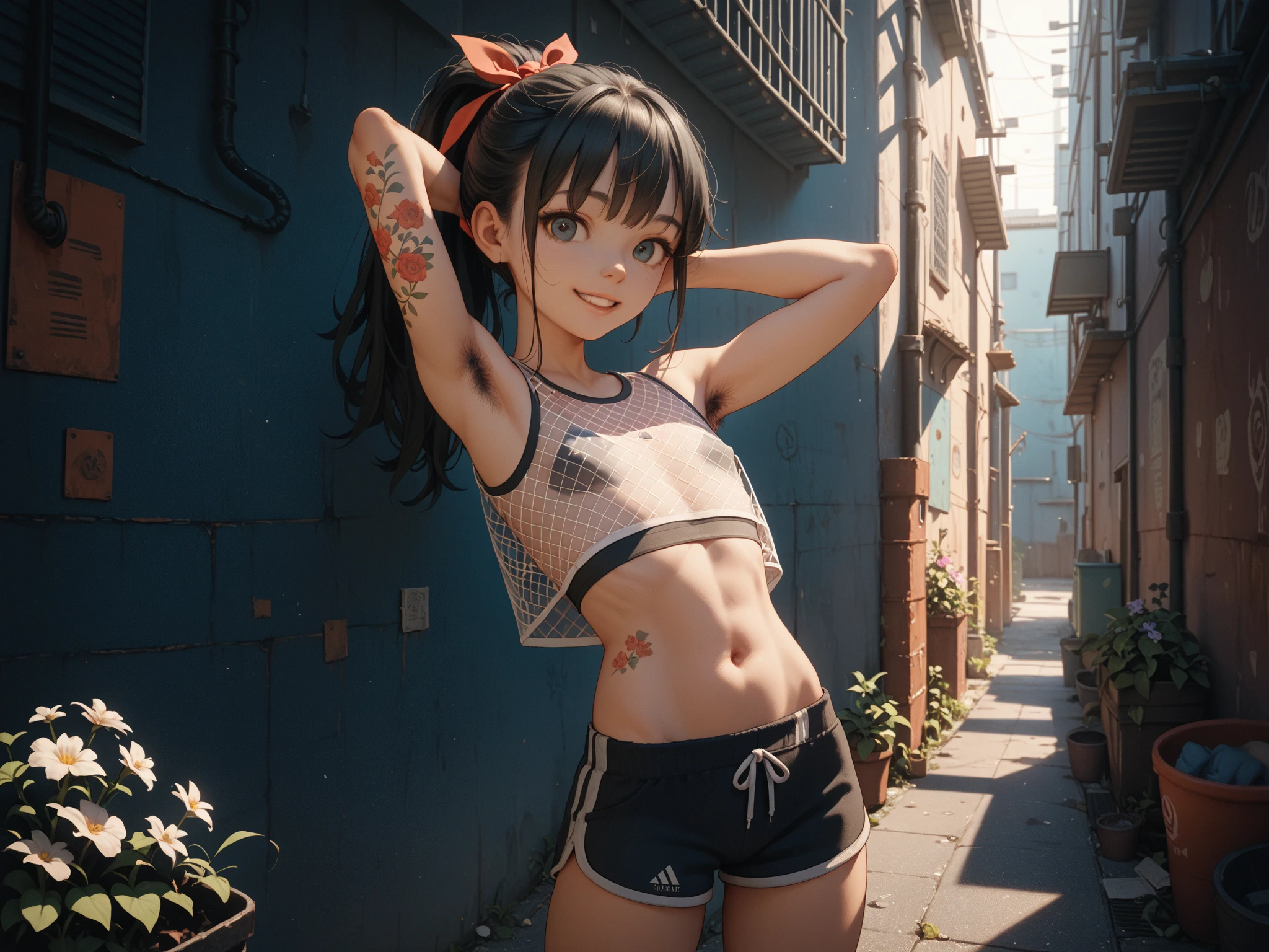 (Upscale variant, Remove background, generated data tips Upgrade 8K, Masterpiece, RAW photo, Best quality, Photorealistic, Extremely detailed Cg Unity 8K wallpaper, Depth of field, Cinematic light, Lens flare, Ray tracing), (Extremely beautiful face, young face, Beautiful lips, Beautiful eyes), intricate detail face, ((ultra detailed skin)) 1girl walking, deepshadow, Pretty girl, (Very slim and slender muscular body), ((view the viewer)),(smirking), (on a backyard), clear sky at background, ((The background is blurred out)), sunset, (Sunshine behind the head), Pretty girl, Clear eyes, Lifting her foot, front footage, ((low-angle shot)), (Tan skin), Looking at viewer, (Big eyes), Lofting her foot, ((Blue Thight tanktop, thight denim shorts)), (Detailed clothes), (Shape), (ponytail, blonde hair), (view the viewer),((Smirking)), relaxed face, ((Spotlight illumination))