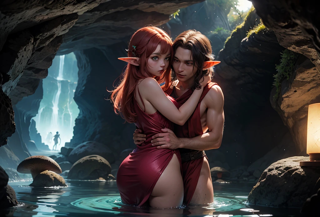 2 wood elf's with red hair bathing naked in a river