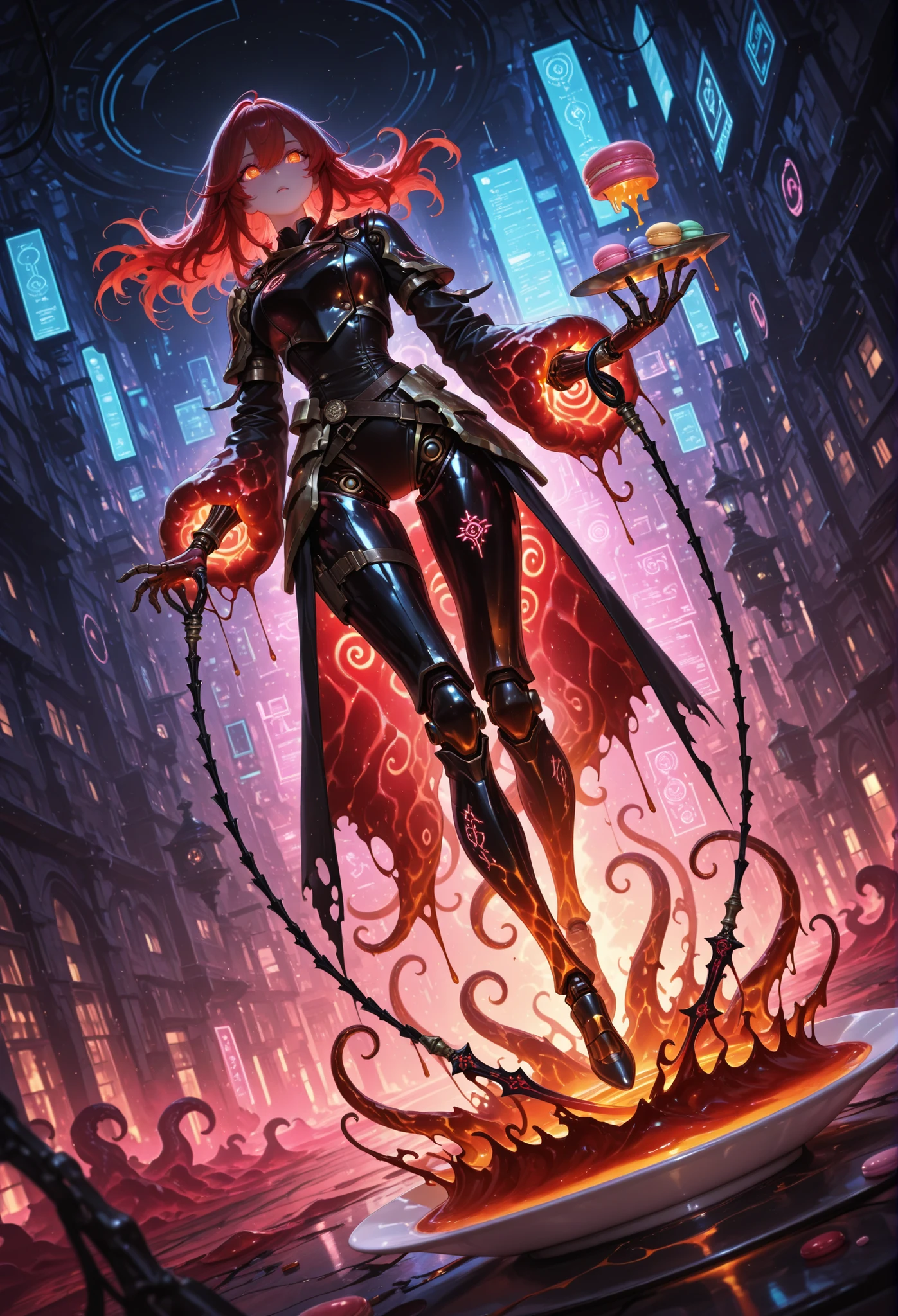 masterpiece, ultra detailed, 4k resolution, cinematic lighting, dynamic angle, perfect anatomy, Inside a holographic patisserie hidden deep in a floating neon city, iJessy appears as a cyber-alchemist chef — wearing a semi-armored outfit with translucent -like plating, glowing seams, and arcane kitchen runes etched on her sleeves. Her long red hair floats weightlessly in the zero-gravity lab while rainbow data streams swirl around.

Before her, a tiny mochi dessert placed on a floating dish begins to levitate. She whispers a command, and the dessert expands, mutating into a towering sugar golem with macaron joints, licorice tentacles, and a molten toffee core visible through cracks in its sugary armor.

iJessy summons a dual whip-sword made of hardened bubblegum and caramel light — stylish, sleek, and absurdly dangerous. Her eyes glow with scanning data as a digital UI reads: 'Transmutation Complete – Combat Ready'. The camera slowly spins around her as she takes a battle-ready stance, the dessert golem roaring behind her in the vapor-lit patisserie.
