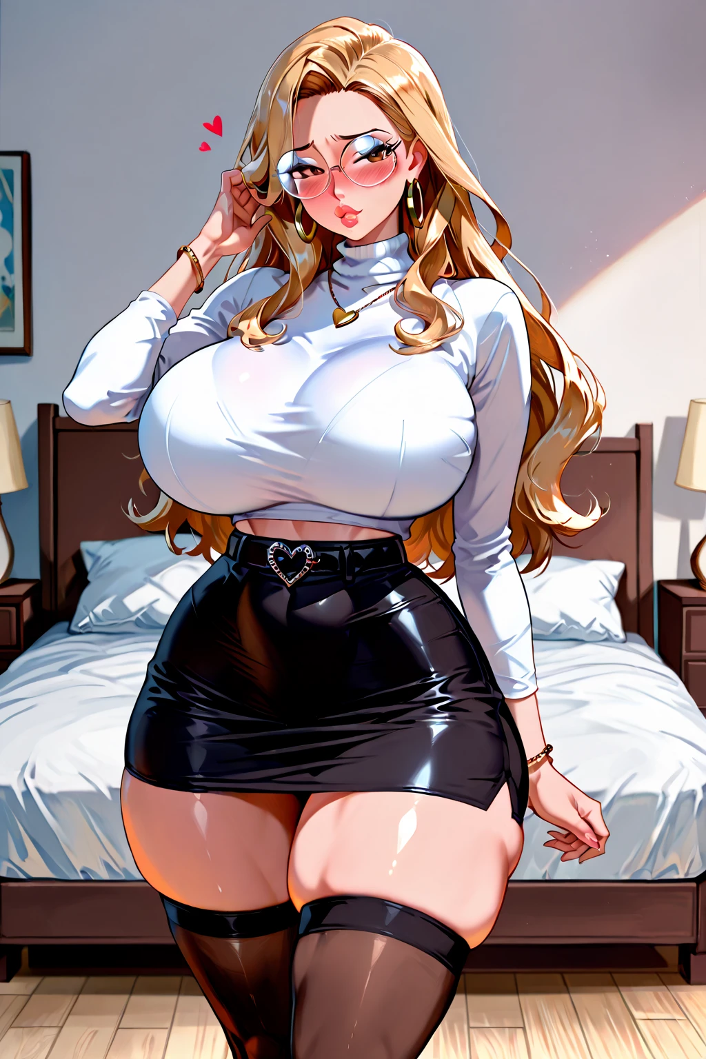 Hot middle-aged woman, brown hair, full pink lips, beautiful and delicate face, flushed cheeks, sensual expression, blue eyes, huge breasts, thin waist, thick thighs, big butt, oily and shiny skin. She is wearing a white blouse with a low neckline. Pink pants that are very tight to her body. She is in the living room holding a glass of wine in a sexy way.