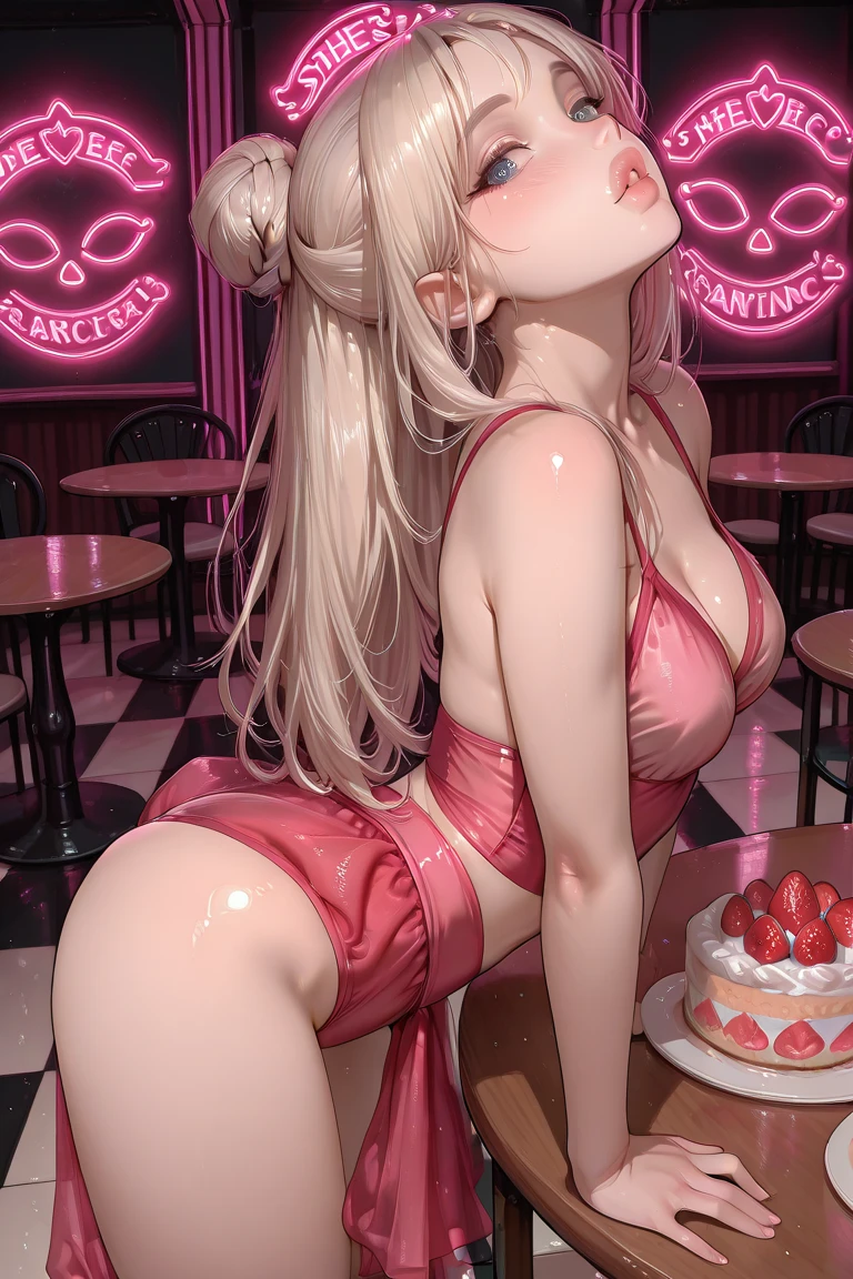 Honoka, Bunny Girl装,bracelet,ring, ,Pink Hair,Huge breasts,Cleavage,Low-cut,Rabbit Tail,pantyhose,cute,necklace,earrings,Dining room,coffee,Donut,cake,Rabbit ears,Lace,Red lips,shy,cute,Bunny Girl,Karaoke,bar,Brown eyes,super huge breasts,Leg ring,Coverall,Bodysuit