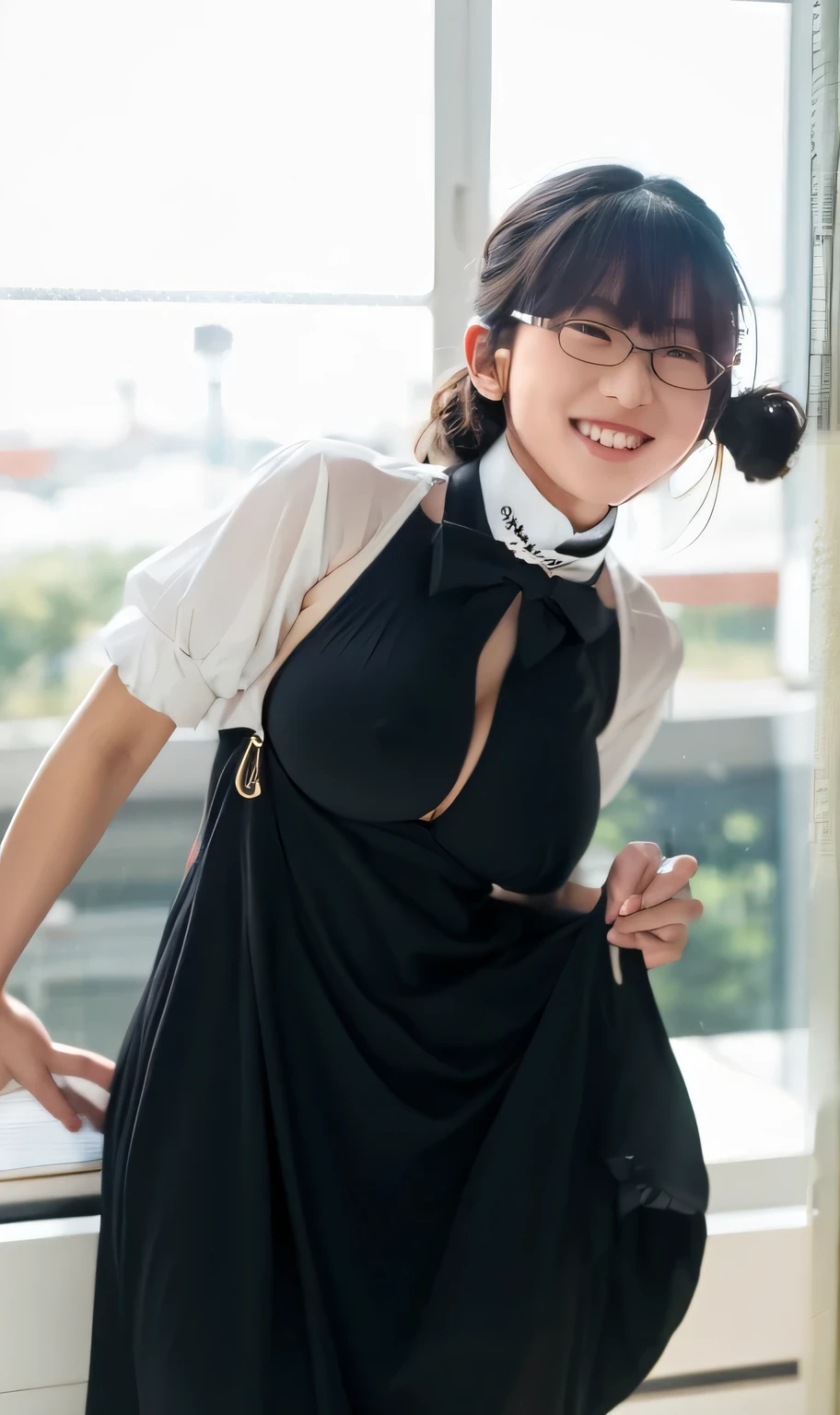 、Looking at the audience、(Highest quality、masterpiece)))、High resolution、Very detailed、masterpiece、Light、(8K、Highest quality、masterpiece:1.2)、(Realistic、Realistic:1.37) High resolution、Super detailed、Woman wearing glasses、Round glasses with thin frames、Light colored eyeglass frames、Asian, cute, cute顔, alone, short hair1.2, Textured skin, , 詳細なnight景, Light, Written boundary depth, レンズフレアLight、smile、Small breasts、Beautiful and detailed eyes、、night、(short hair:1.2)、Floating Hair Nova Frog Style、Leaning forward,Cleavage,playboy bunny,rabbit ears, black rabbit ears, fake rabbit ears, pantyhose, black pantyhose,bowtie, wrist cuffs, black leotard, pub, pub counter, drink, retro pub, pubstools