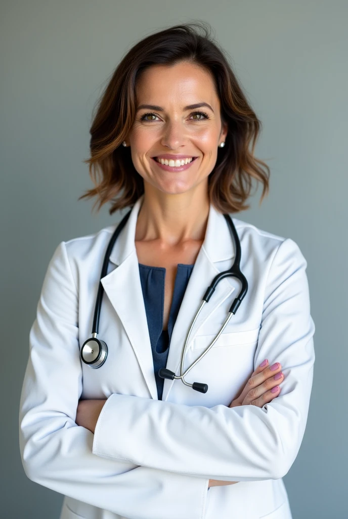 Dentist doctor, woman, white coat, flat background, studio lighting, professional looking, tied hair, 50 years old, full shot, smiling, hands in pocket