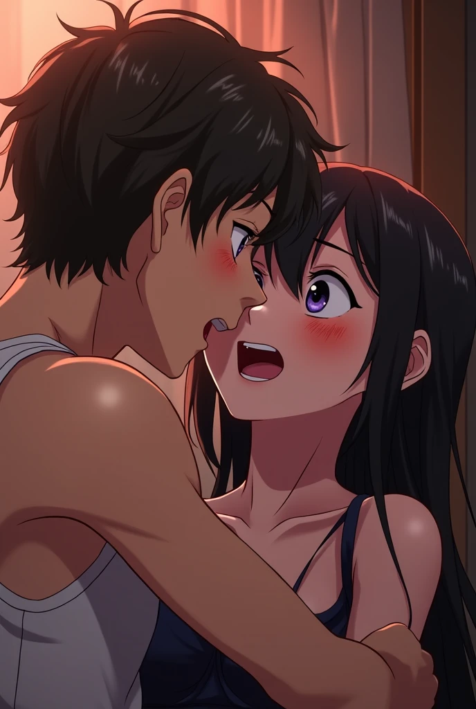 1middle age man, wrinkle face, black hair,bangs swept to the right side, Middle aged man behind girl, touching chest, biting shoulders, breatsgrope from behind, grab, grabbing chest,chestgrab behind back, removing bra, hold bra, hug back, hugging, neck kiss, 1girl, black hair, twisted half up, red ribbon, long hair, brown eyes, collared shirt, unbuttoned, medium bresst, nipples, pink nipples, white pants, cute, open mouth, upperbody, long sleeves, cowboy shot, masterpiece, on a dating, blushing, bedroom, night, sit on bed