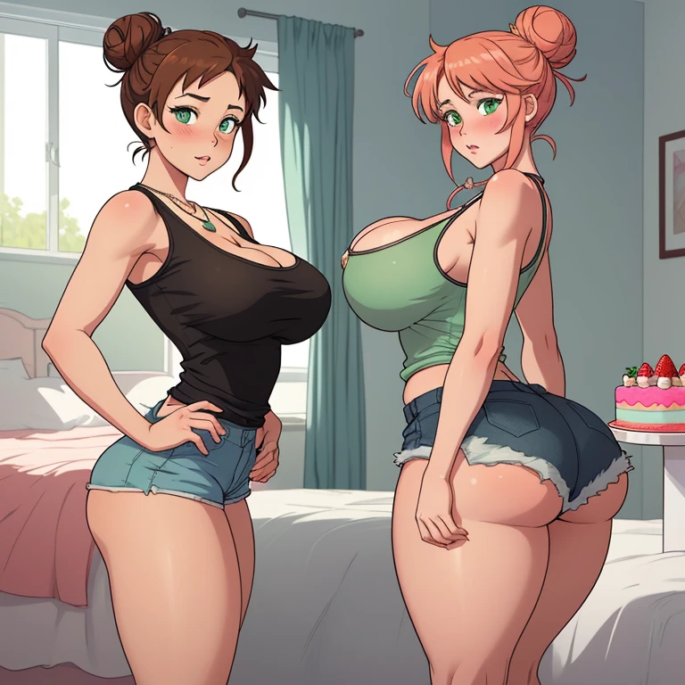 2 sexy women (blonde milf and brunette) kissing each other in a Valentine's bedroom. Ass focus from behind, young short sexy, huge massive hanging breasts, full thick pouty lips, big beautiful smile, sexy wavy hair, big eyes with long eyelashes, big gorgeous smiles, super wide birthing hips, thick toned thighs, no bra, no panties. Cinematic morning lighting.