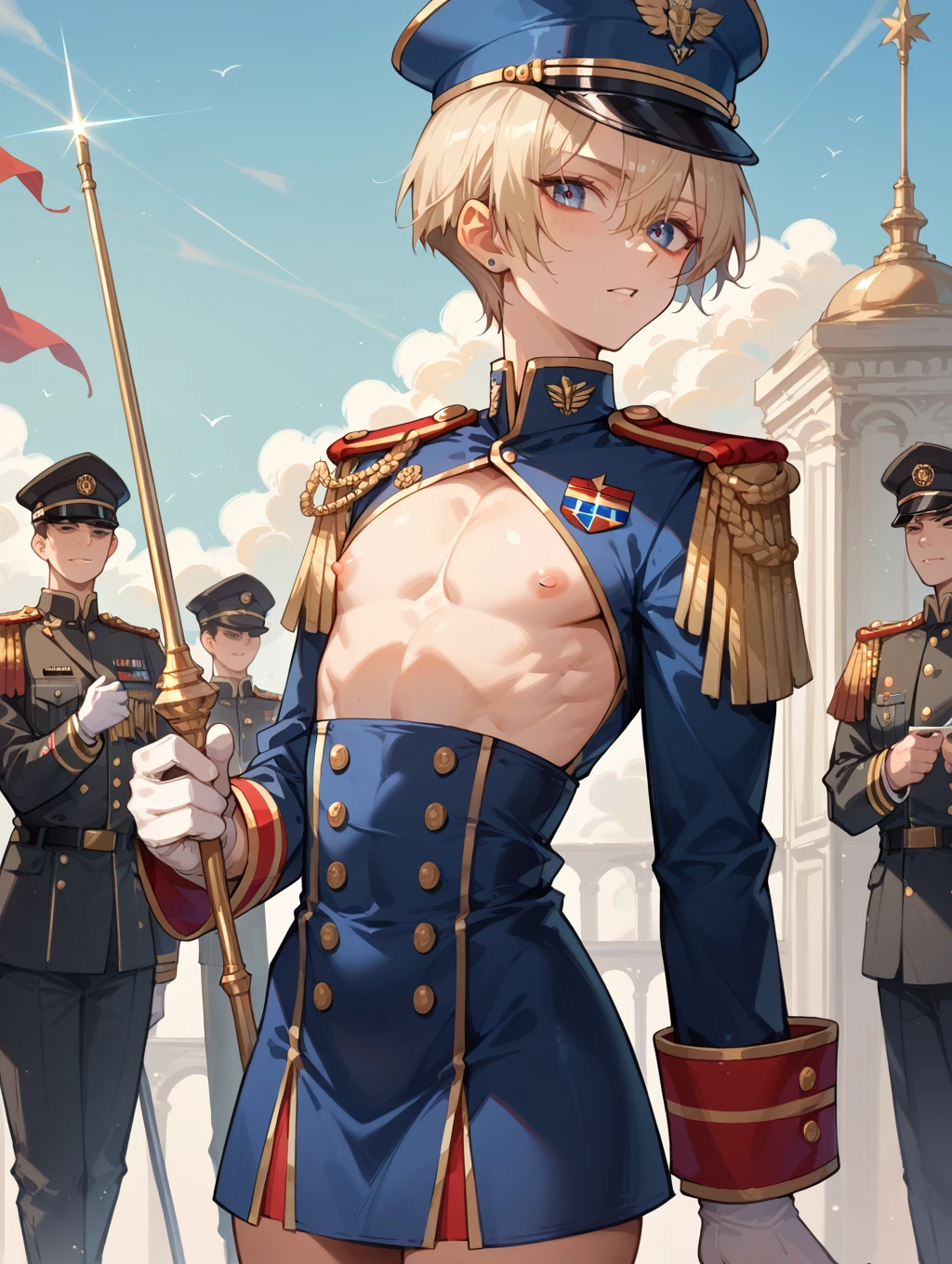 (((A sexy blond young adult male russian soldier is bending and getting spanked by his male gay colleagues as punishment))), NSFW, hentai, pubic hair, yaoi, ((red spanked butt)), (((butt focus:0.2))), ((pixiv top rated)), ((pants pulled down:0.1)), (punishment kink), ((red butt spank marks:0.2)),