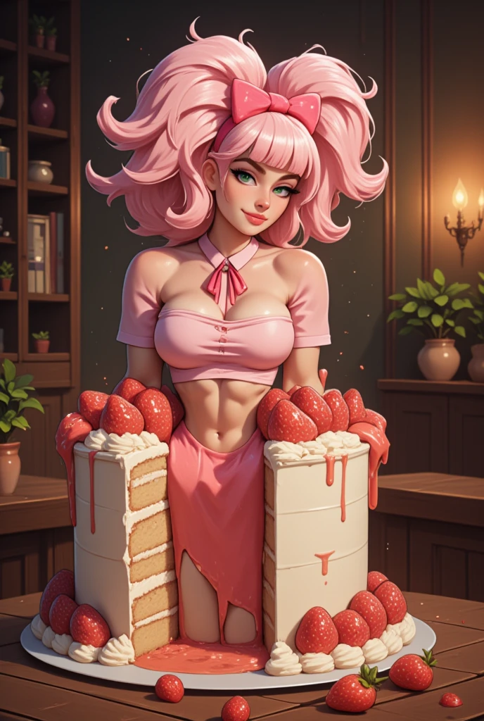 Mulher linda, CandyStyle, corpo feito de doce, torta, cereja, morango, creme de leite, corpo molhado, mundo de doces