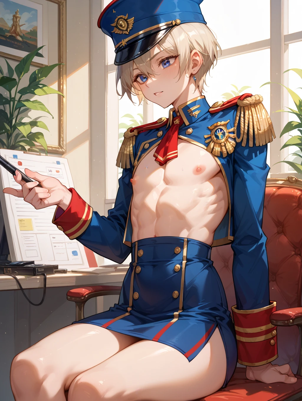 Highest quality、Sexy Baby Lizardman、Skimpy、Pink eyes without highlights、Lizard head、Shota、maleの子、male、Sweat、Embarrassing、Gay、Royal Hotel、cute、Knee-high socks、frilled choker、Obscene language、Showing tongue、toplesagazine cover style illustration、bow tie、salute、military cap、Get a tip、Belly button style military uniform、navy、Light blue thong panties、Transparent fabric、Lie down on the bed、Peeing、Sticky white mucus pours down from above