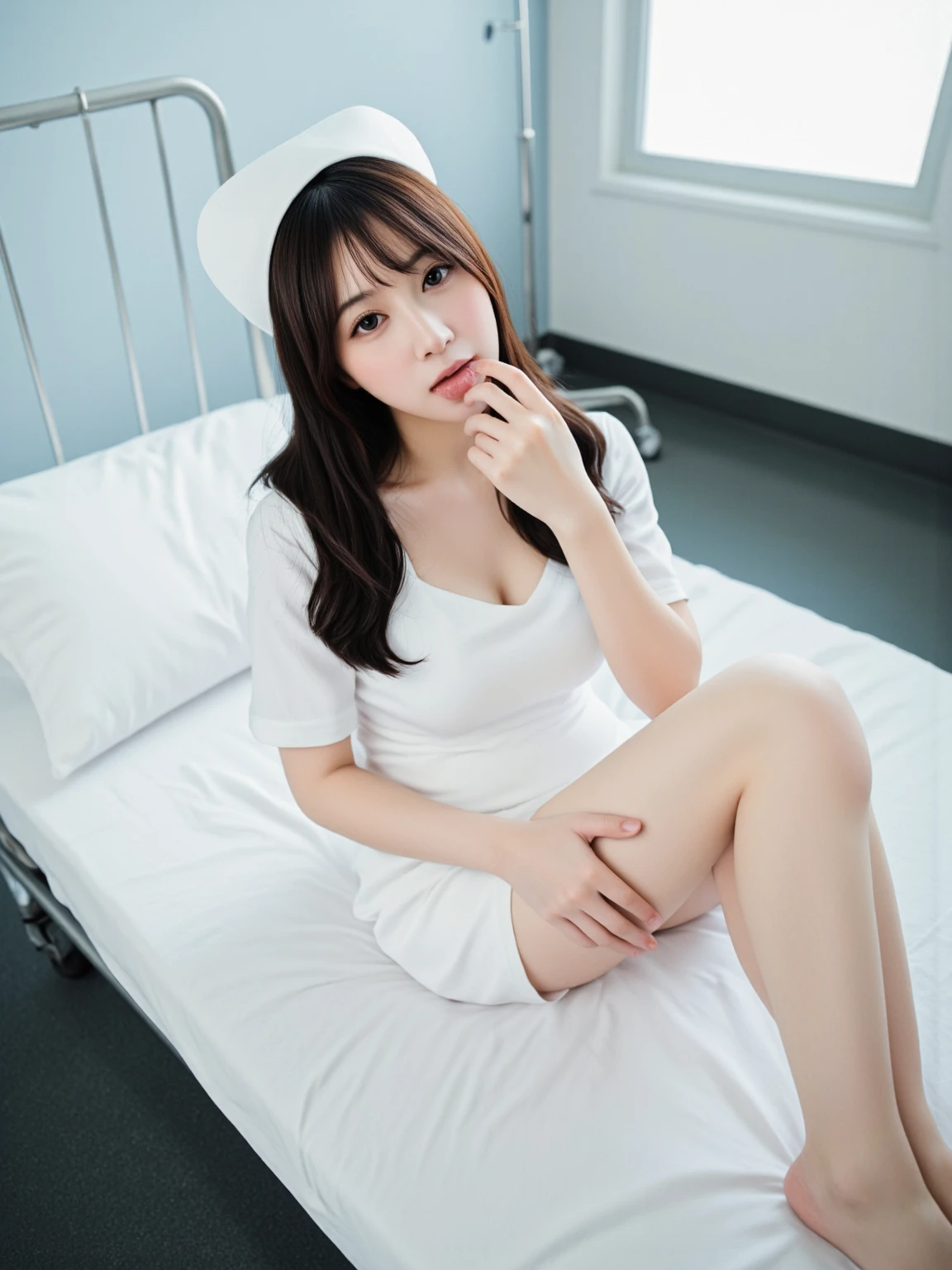 (muste piece:1.2),(8K high quality), (highest quality), (RAW image quality), (Reality), (It's photorealistic:1.37), large eyes,long eyelashes,It's exquisite(Live-action realistic style),ultimate face,Photorealistic light and shadow,clear facial features,milky white skin, high detail skin,realistic skin details,visible pores,(super detail),(short hair),best portrait,((Front shot from a distance)), Only one girl, cute type,beautiful detailed eyes, beautiful detailed nose, highly detailed skin) ,(Beautiful face with double eyelids), (Realism: 1.4),excellent detail, super high resolution,,,delicate and beautiful face,,25 years old,(beautiful face 1.4),slender,,((Photographed inside a hospital operating room)),, ((Wearing nurse clotheake eye contact with your audience),wearing a nurse cap,(The inside of the hospital is white.),,very beautiful feet,(Short skirt),I'm sitting on the floor showing my crotch,leg spread,((sit in front of the viewer)),(I like to show my crotch to my viewers),sit on the floor with your legs apart,(You can see my white panties when I sit down.),,sit in front of the viewer,the hospital floor is white