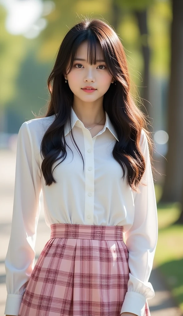 the Extremely Detailed CG Unity 8K Wallpapers、top-quality、ultra-detailliert、masterpiece、realisitic、Photo Real、extremely detailed cute girl、18year old、(skirt rift)、(skirt lift by yourself))、white panties、panties focus、red blush、cparted lips、looking at the viewers、Semi-body shot、Wearing a ruffled shirt、lower back
