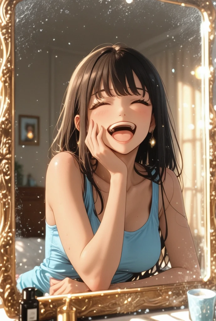 Woman being tickled by feathers