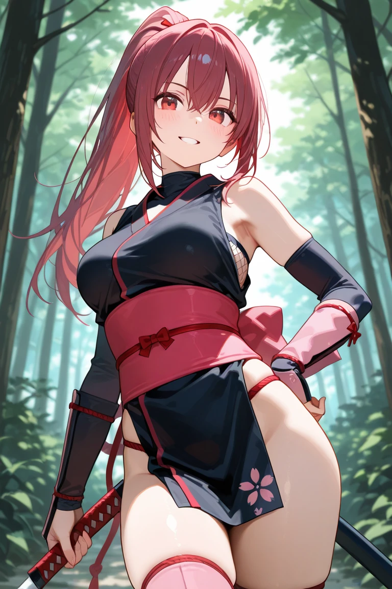 slender, mature female, weapon, sword, 1girl, rating:safe, petals, long_hair, breasts, gloves, red_eyes, very_long_hair, cleavage, bare_shoulders, navel, high_ponytail, ponytail, choker, large_breasts,thighhighs, solo, bikini, swimsuit, collarbone, holding, sidelocks, holding_sword, looking_at_viewer, red_hair, bangs, hair_between_eyes, black_bikini, black_gloves, holding_weapon, black_legwear, halterneck, floating_hair, thighs, closed_mouth, sheath, stomach, armband, eyebrows_visible_through_hair, ass_visible_through_thighs, falling_petals, smile, standing, criss-cross_halter, belt, night, black_choker, gradient
