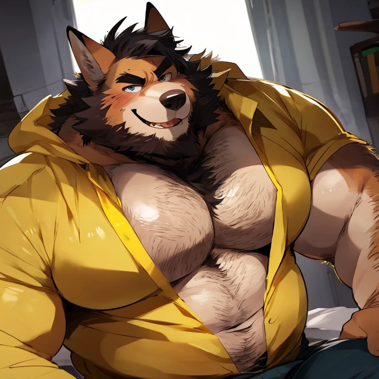 Medium muscular and chubby, black bear, shirtless, in black shorts, Amber eyes, bluish-green mane, bluish-black fur, cream-white fur, By mystikfox61