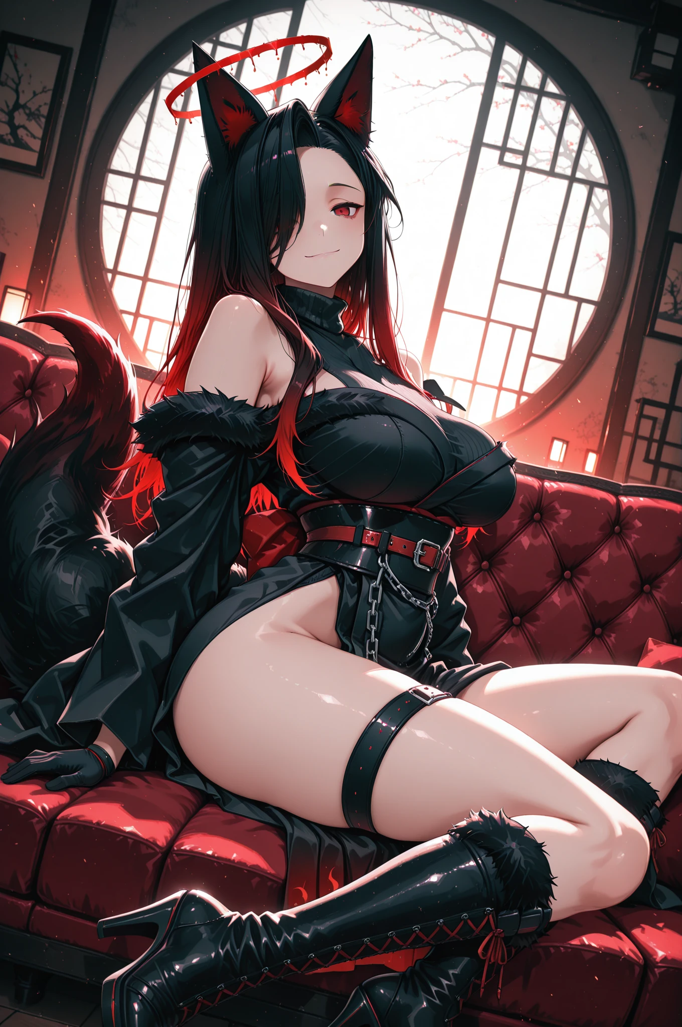 (masterpiece, highest quality, super detailed, best shadow), (detailed background), (beautiful and detailed face), high contrast, ((cinematic light)), colorful, hyper detail, intricate details, Depth of bounds written, 1 girl, alone,red hair, (ara ara mature femdom look), whore whore slut, Requires expression, domineering, domineering, seductive, (perfect beautiful face), from below, sitting