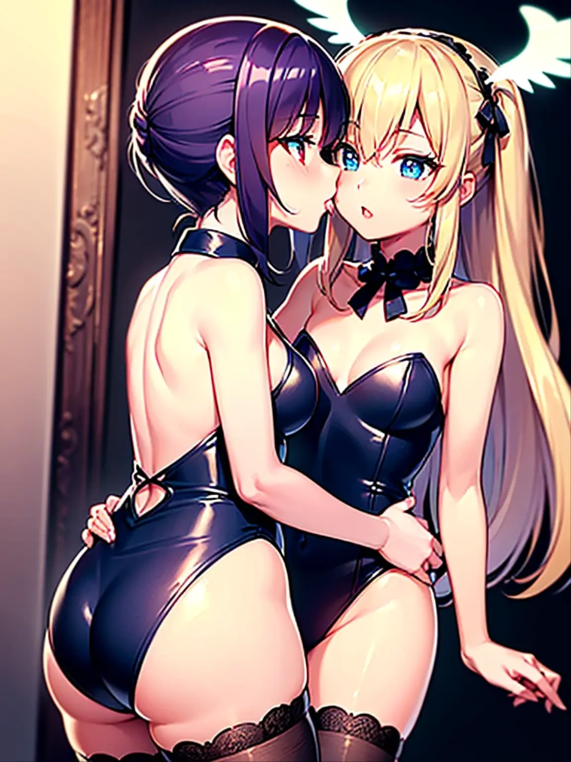 ((Masterpiece, best quality)), simple background, edgQuality, smug, edgHL,hentai_lingerie, 2girls, yuri, lesbian, kiss, sex, sex pose, breasts, large breasts, random hair, hair ornament, thighhighs, gloves, bow, navel, bare shoulders, heart pasties ,wearing edgHL, sexy lingerie, under wear,
